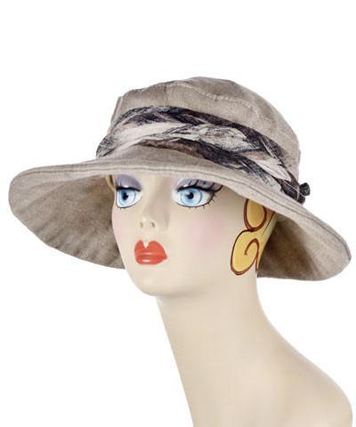 Mannequin Product shot of Head Wrap, Multi-Style on Katherine Style wide brim hat | Lovely Lace in Pink and Chocolate | Handmade by Pandemonium Millinery Seattle, WA USA