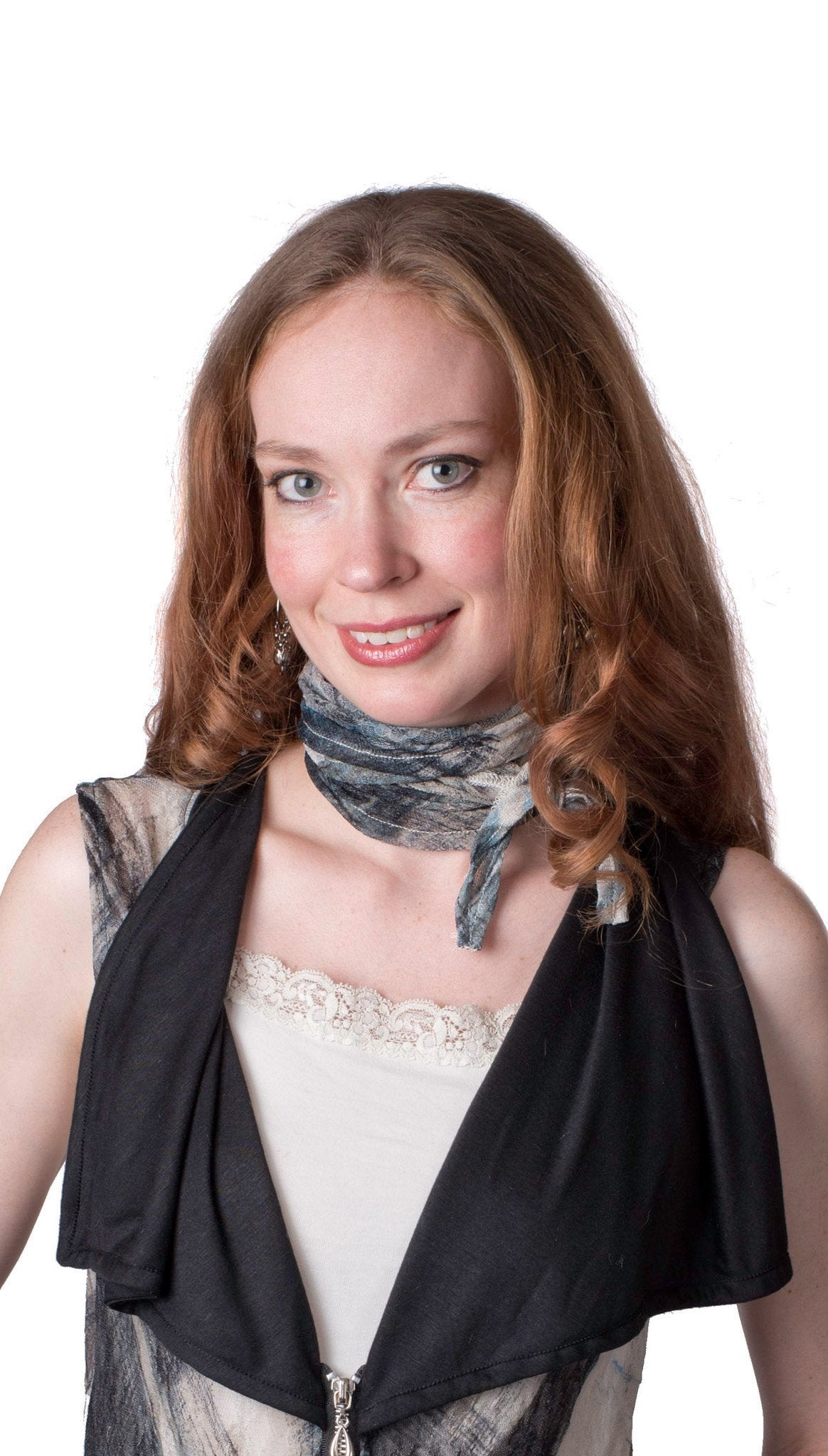 Model wearing of Head, Neck Wrap, Multi-Style | Lovely Lace in Blue and Black | Handmade by Pandemonium Millinery Seattle, WA USA