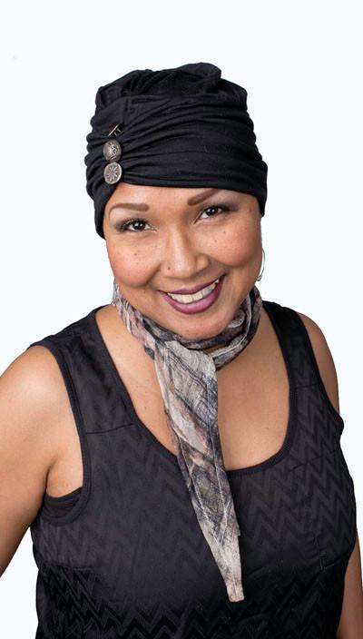 Model wearing of Head, Neck Wrap, Multi-Style with Edith slouchy hat | Lovely Lace in Pink and Chocolate | Handmade by Pandemonium Millinery Seattle, WA USA