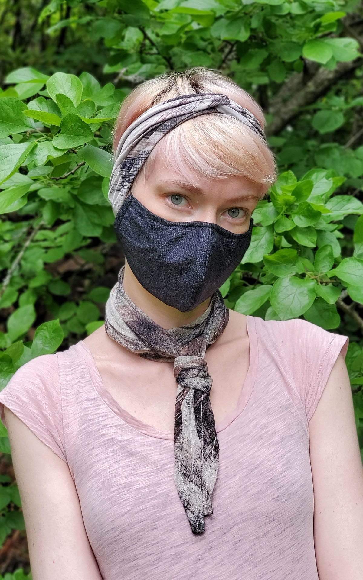 Model wearing of Head, Neck Wrap, Multi-Style with duo headband | Lovely Lace in Pink and Chocolate | Handmade by Pandemonium Millinery Seattle, WA USA