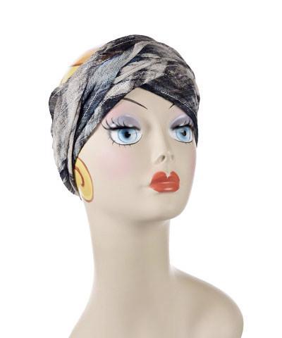 Mannequin Product shot of Head Wrap, Multi-Style | Lovely Lace in Blue and Black | Handmade by Pandemonium Millinery Seattle, WA USA