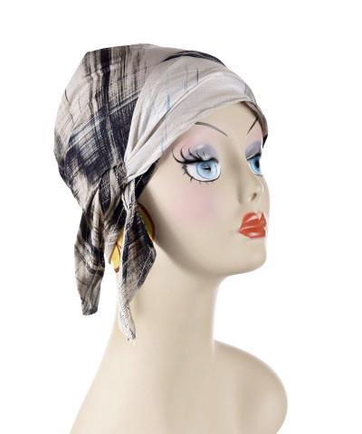 Mannequin Product shot of Head Wrap, Multi | Pretty Plaid in Pink and Chocolate | Handmade by Pandemonium Millinery Seattle, WA USA