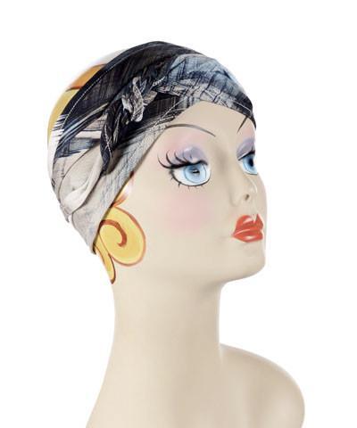 Mannequin Product shot of Head Wrap, Multi | Pretty Plaid in blue and black | Handmade by Pandemonium Millinery Seattle, WA USA