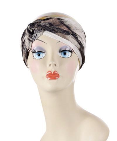 Mannequin Product shot of Head Wrap, Multi | Pretty Plaid in blue and black | Handmade by Pandemonium Millinery Seattle, WA USA