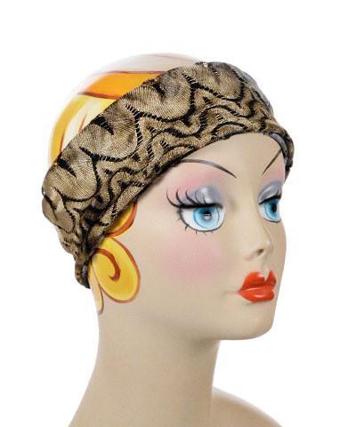 Model wearing matching Headband and wrap | Alchemy, a gold/silver/multi-tonal marvel| Handmade by Pandemonium Millinery Seattle, WA USA