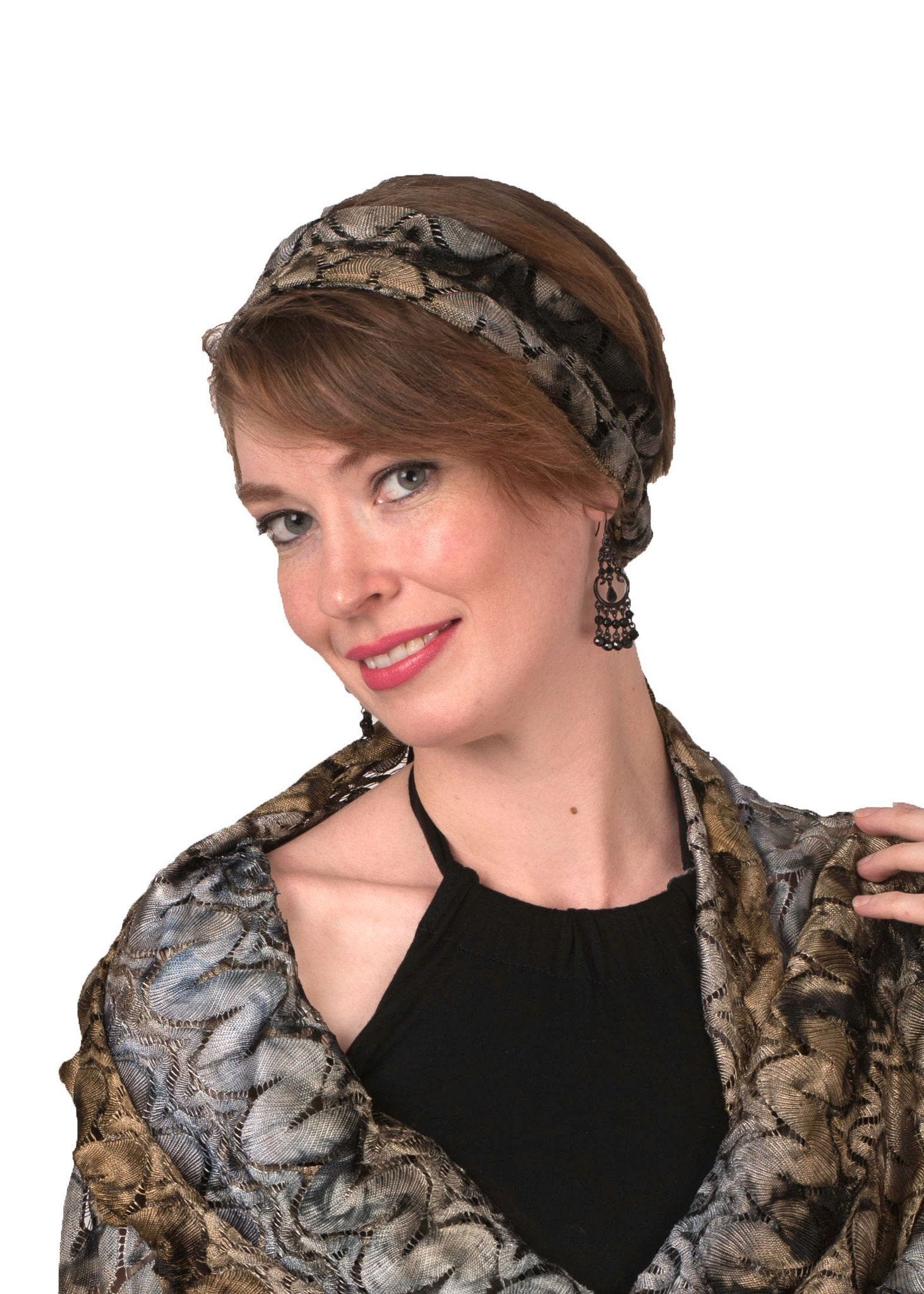 Model wearing matching Headband and wrap | Alchemy, a gold/silver/multi-tonal marvel| Handmade by Pandemonium Millinery Seattle, WA USA