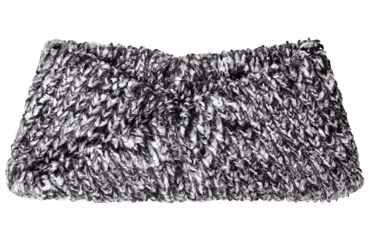 Product shot of Headband, Ear and Neck Warmer with feather trim | Cozy Cable, Black and Ivory Faux Fur | Handmade by Pandemonium Millinery Seattle, WA USA