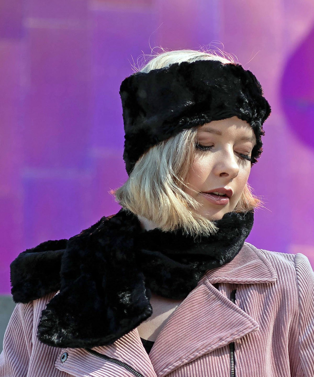 Model is wearing  Headband  in Cuddly Faux Fur in Black with match Pull thru Scarf - Handmade in Seattle WA USA