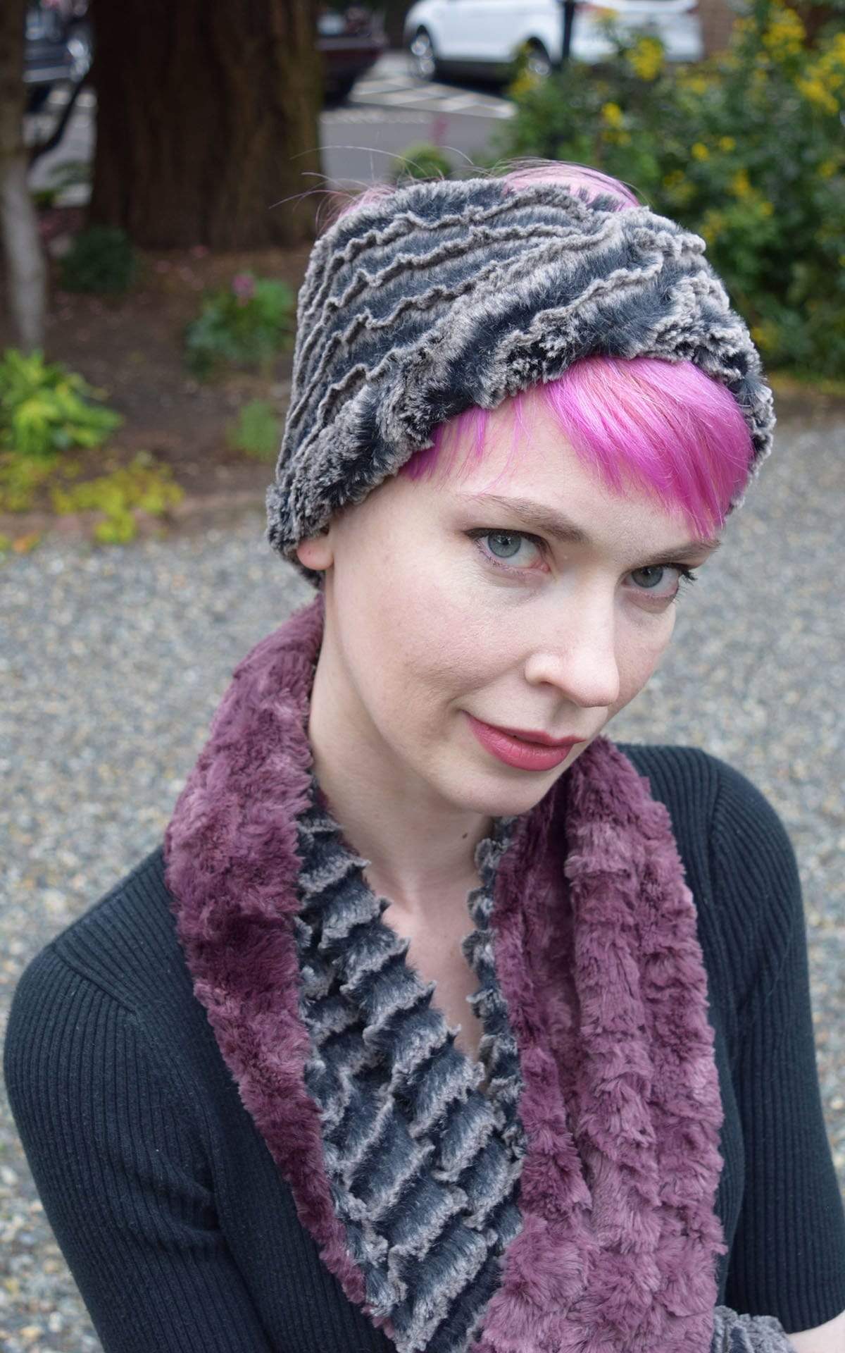 Model outside wearing Headband and matching scarf | Desert Sand in Charcoal, Gray and Black Faux Fur | Handmade by Pandemonium Millinery Seattle, WA USA