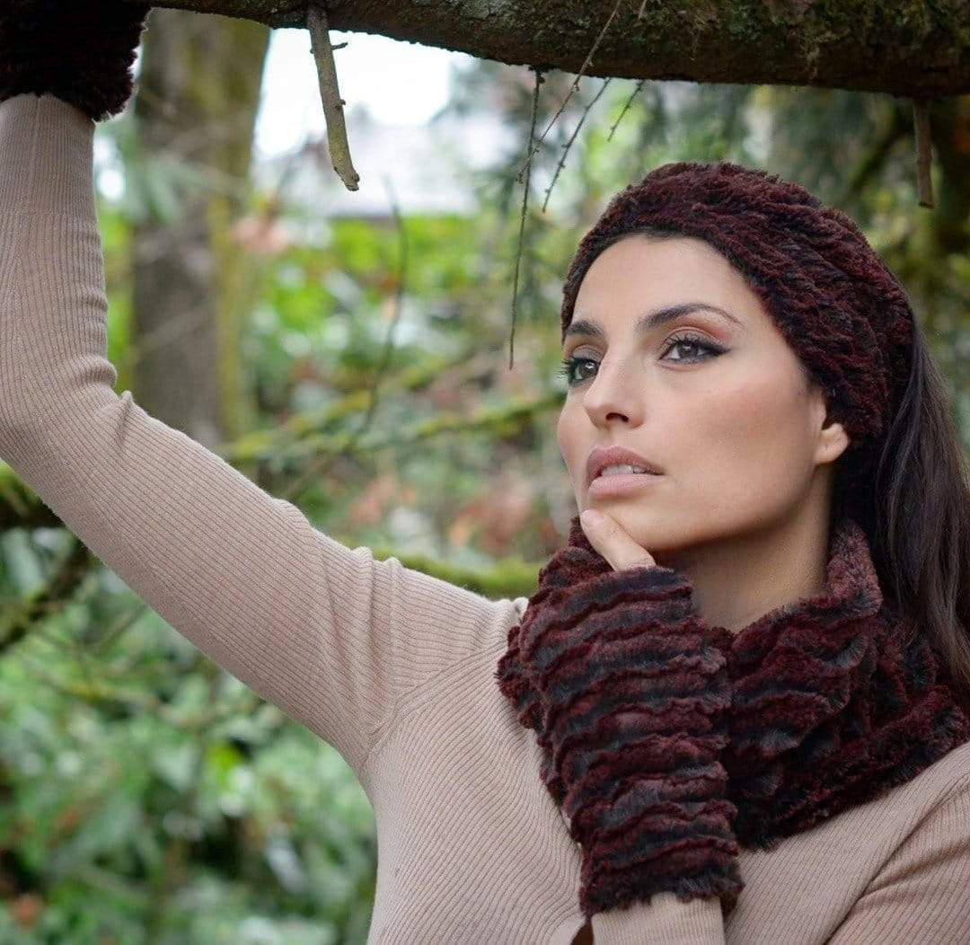 Model outside wearing Headband and matching scarf and gloves | Desert Sand in Crimson, Black and Red Faux Fur | Handmade by Pandemonium Millinery Seattle, WA USA