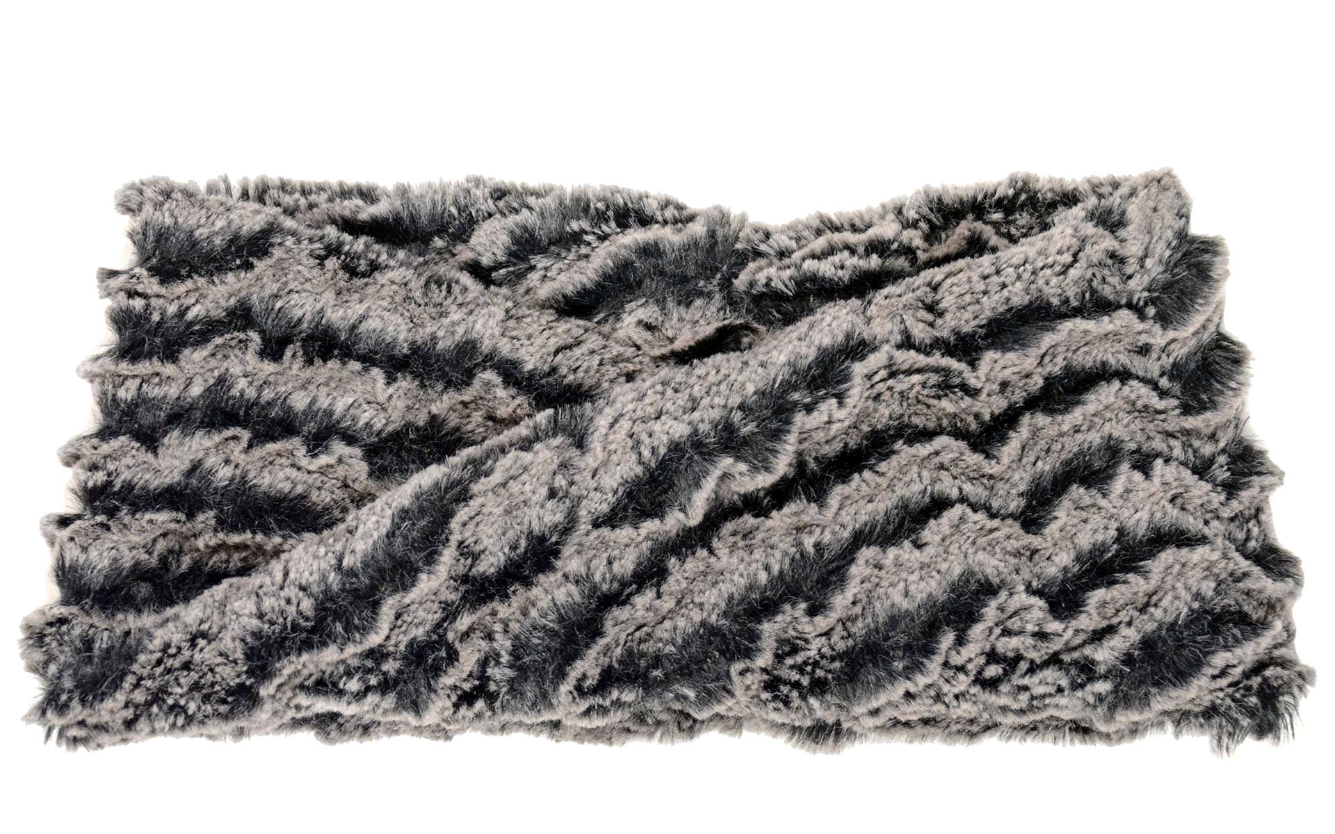 Product shot of Headband, Ear and Neck Warmer with feather trim | Desert Sand in Charcoal, Gray and Black Faux Fur | Handmade by Pandemonium Millinery Seattle, WA USA