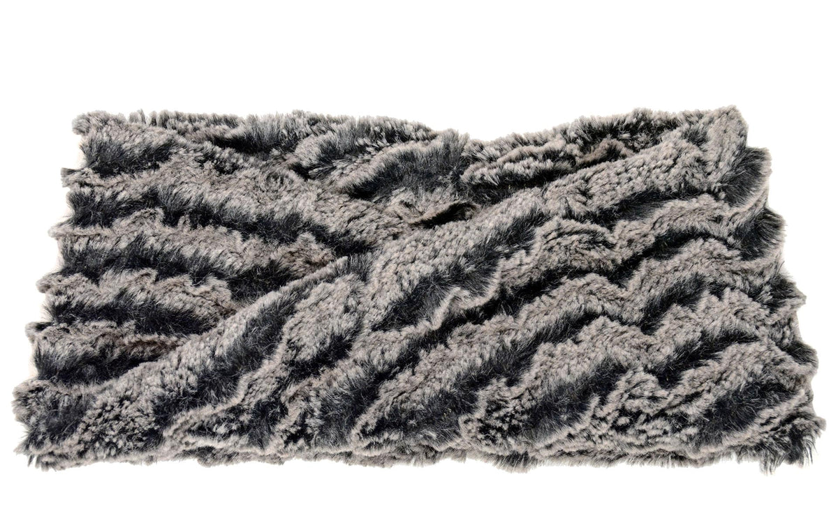 Product shot of Headband, Ear and Neck Warmer with feather trim | Desert Sand in Charcoal, Gray and Black Faux Fur | Handmade by Pandemonium Millinery Seattle, WA USA