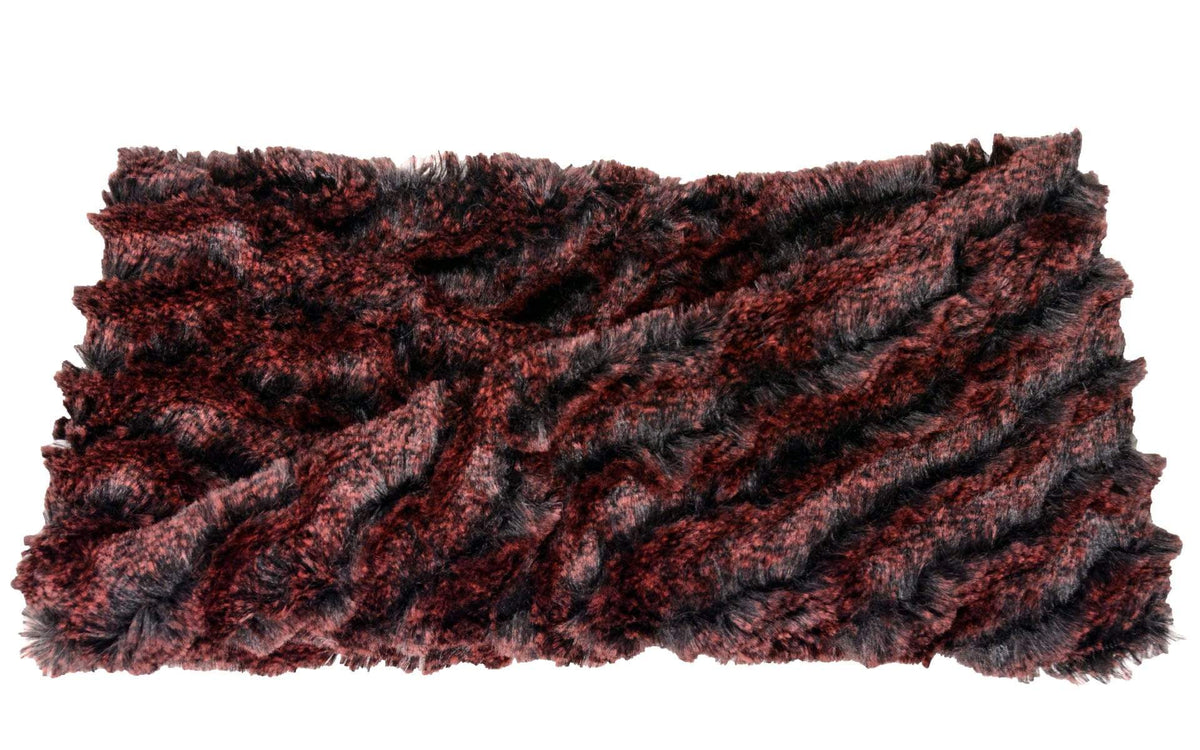 Product shot of Headband, Ear and Neck Warmer with feather trim | Desert Sand in Crimson, Red and BLack Faux Fur | Handmade by Pandemonium Millinery Seattle, WA USA