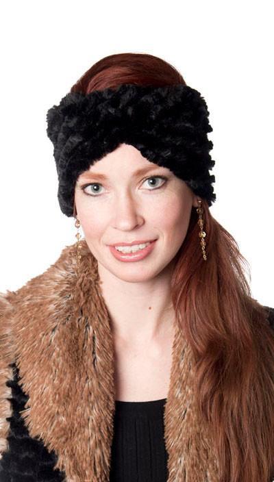 Model outside wearing Headband and matching Vest | Desert Sand in Midnight, Black Faux Fur | Handmade by Pandemonium Millinery Seattle, WA USA