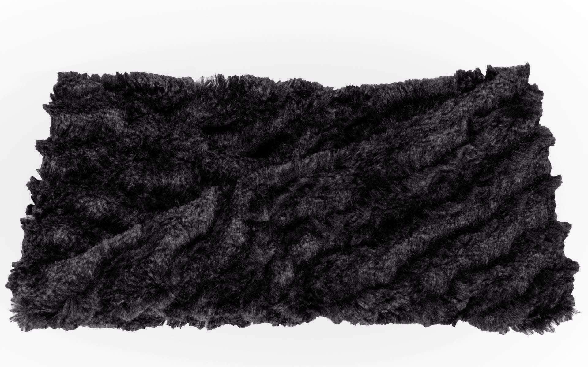 Product shot of Headband, Ear and Neck Warmer with feather trim | Desert Sand in Midnight, Black Faux Fur | Handmade by Pandemonium Millinery Seattle, WA USA