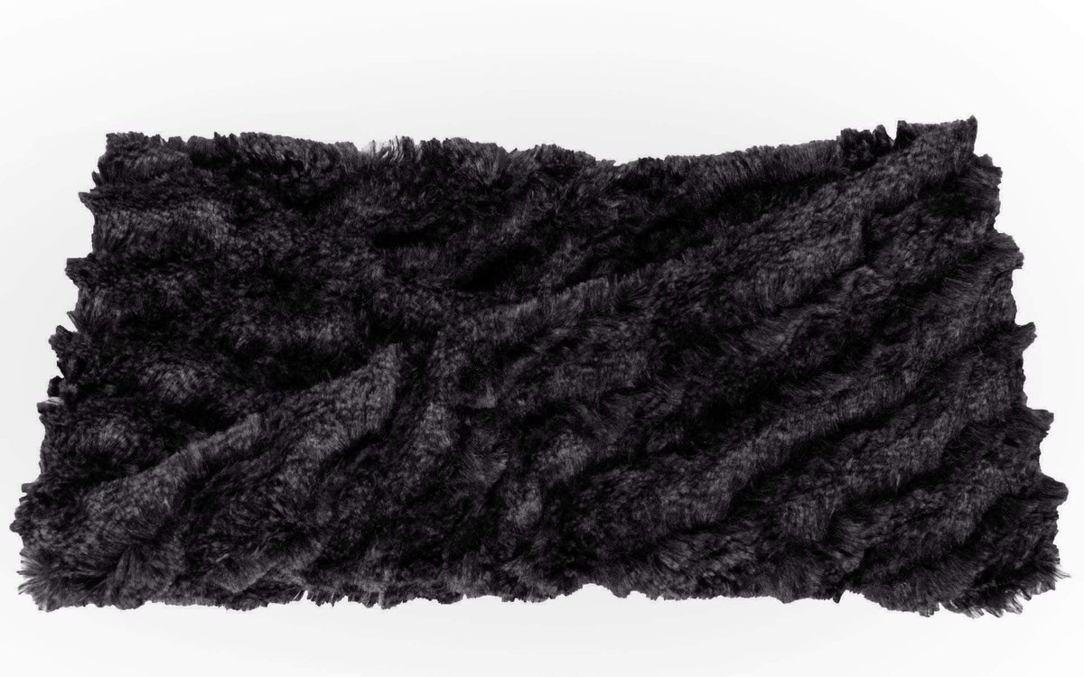 Product shot of Headband, Ear and Neck Warmer with feather trim | Desert Sand in Midnight, Black Faux Fur | Handmade by Pandemonium Millinery Seattle, WA USA