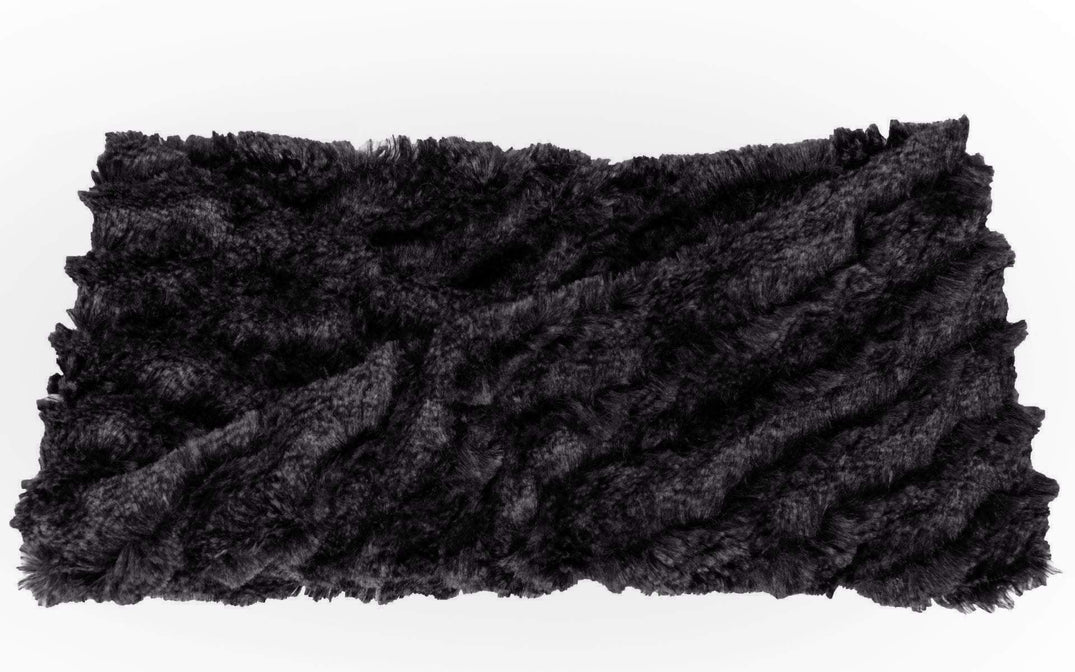 Product shot of Headband, Ear and Neck Warmer with feather trim | Desert Sand in Midnight, Black Faux Fur | Handmade by Pandemonium Millinery Seattle, WA USA
