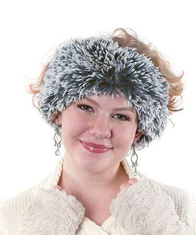 Model wearing of Headband, Fingerless Gloves | Blue Steel Fox White and Blue / Gray Faux Fur | Handmade by Pandemonium Millinery Seattle, WA USA