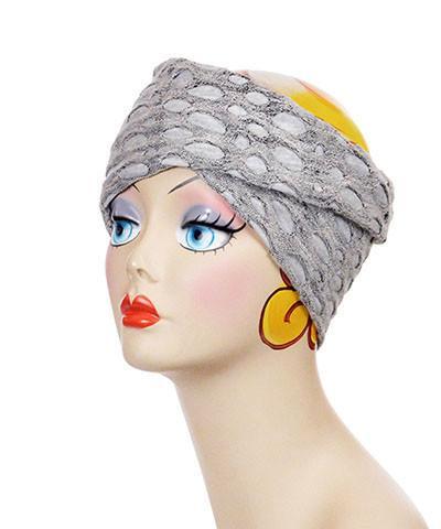 Product shot of Headband lunar landing with silvery moon , a gray /silver/multi-tonal | Handmade by Pandemonium Millinery Seattle, WA USA