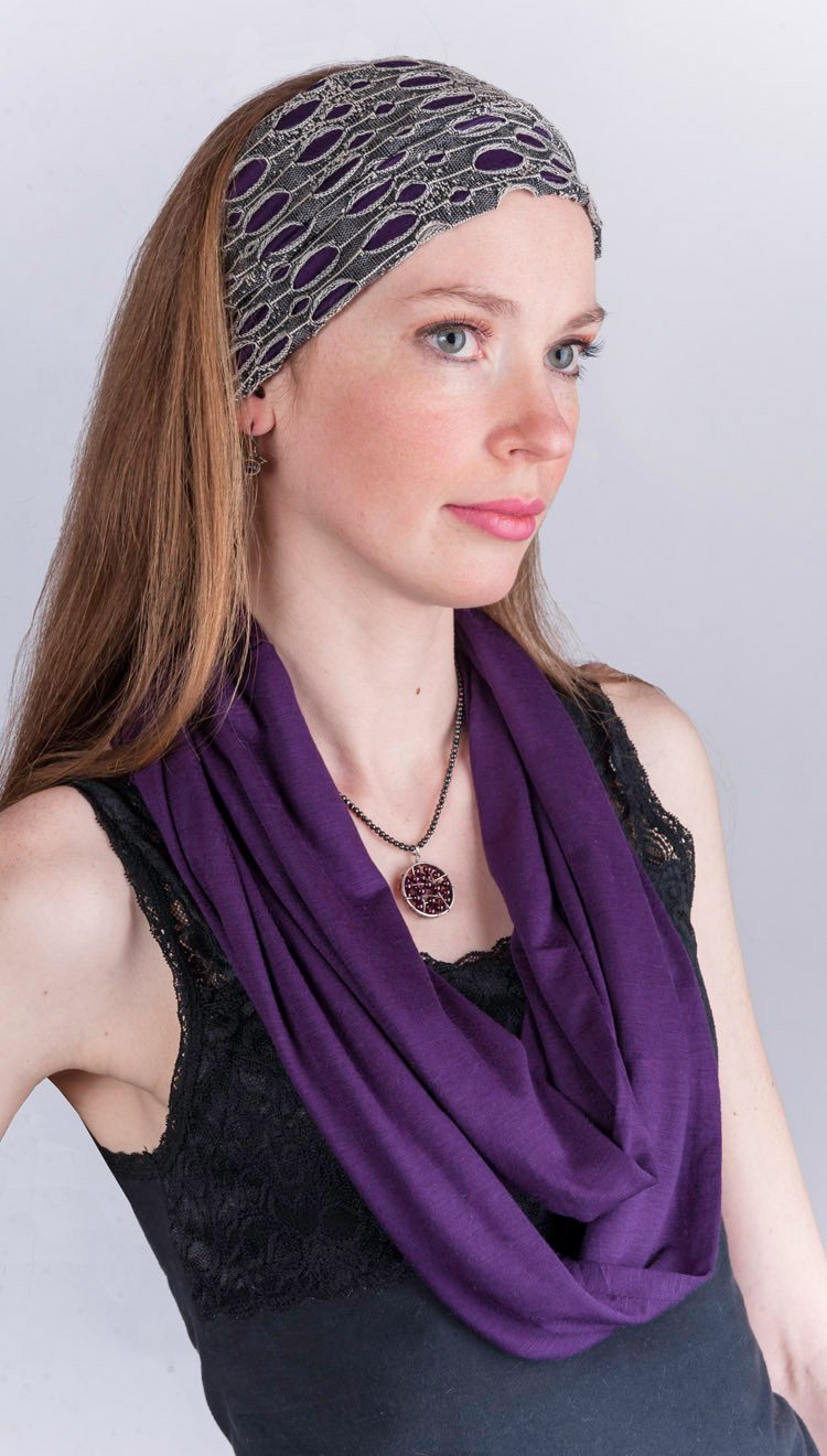 Model wearing  Headband lunar landing with purple haze and matching scarf | Handmade by Pandemonium Millinery Seattle, WA USA