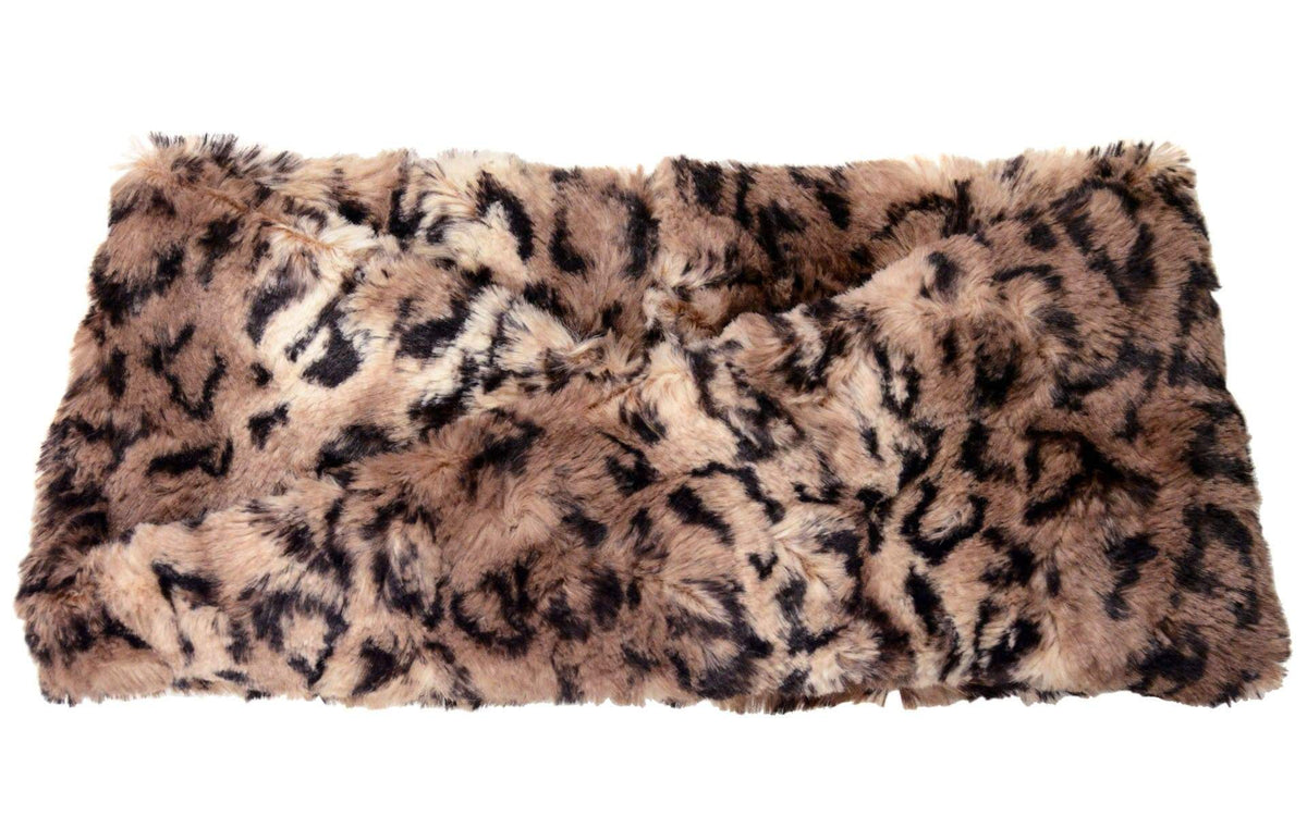 Product shot of Headband, Ear and Neck Warmer | Carpathian Lynx, brown and cream Faux Fur | Handmade by Pandemonium Millinery Seattle, WA USA