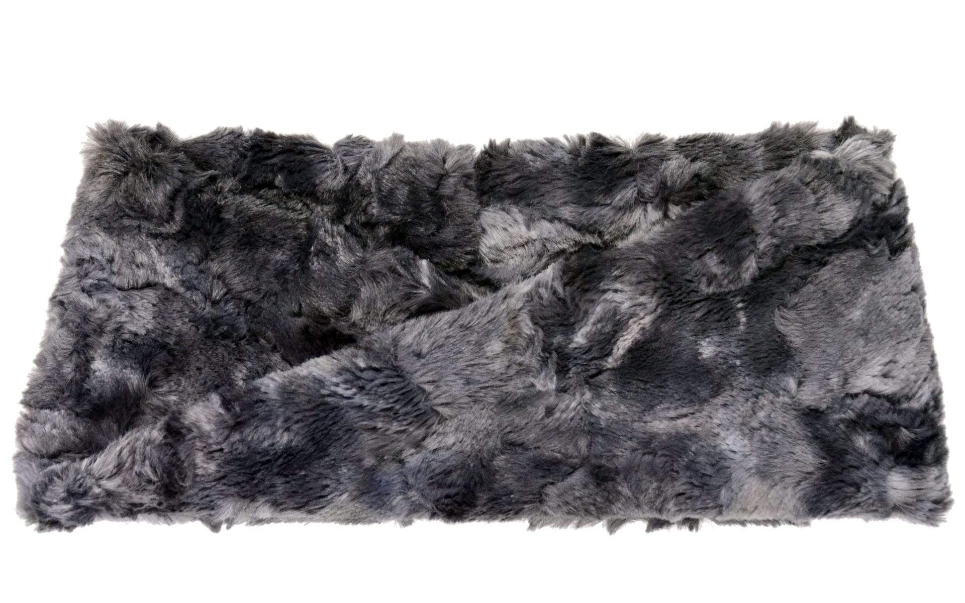 Product shot of Headband, Ear and Neck Warmer | Highland in Skye , Blue and Gray Faux Fur | Handmade by Pandemonium Millinery Seattle, WA USA
