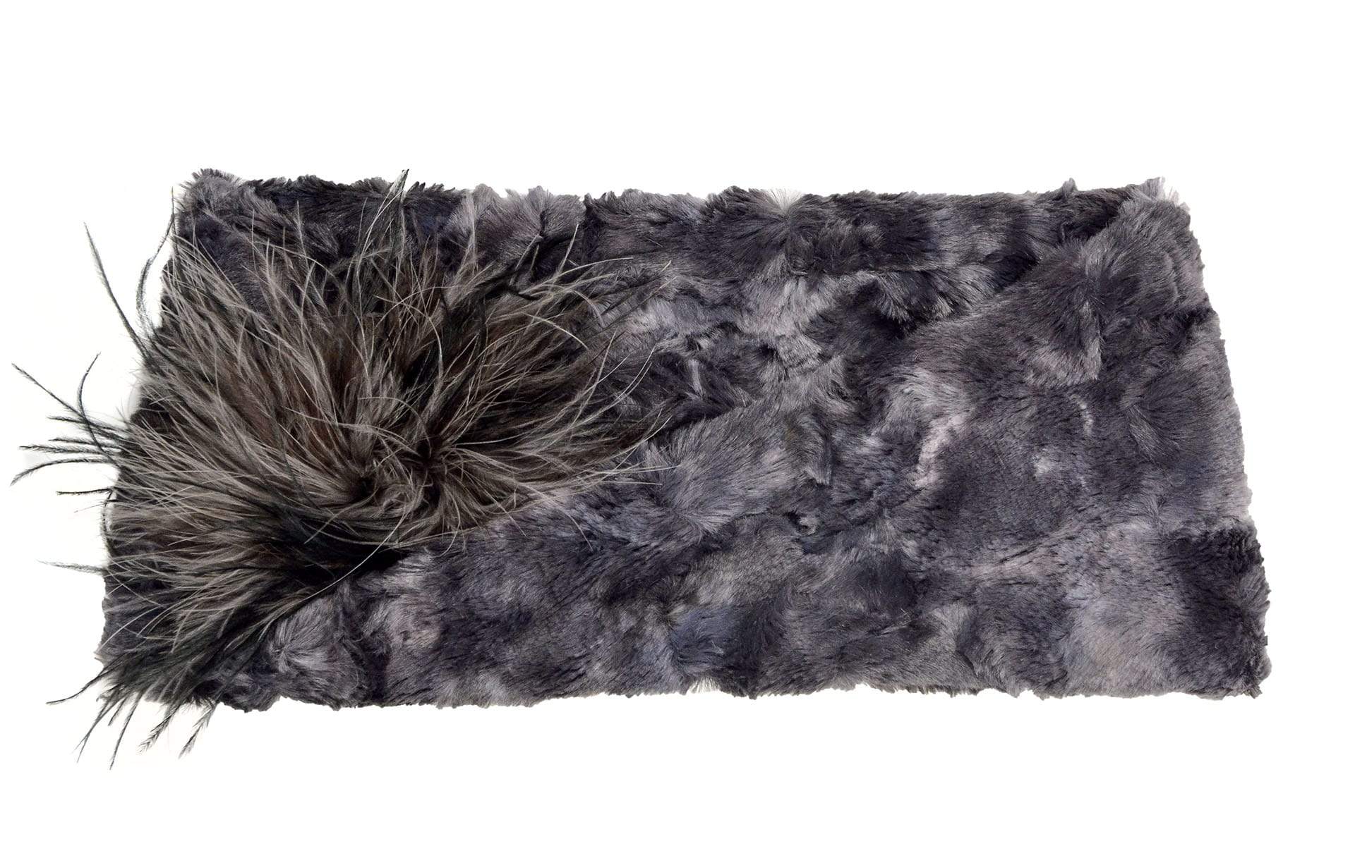 Product shot of Headband, Ear and Neck Warmer | Highland in Skye , Blue and Gray Faux Fur | Handmade by Pandemonium Millinery Seattle, WA USA