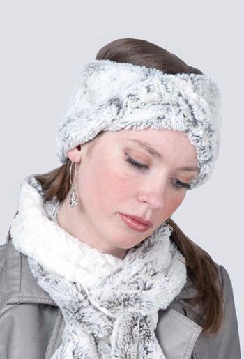 Product shot of Headband, Ear and Neck Warmer | Khaki, Green Ivory Faux Fur | Handmade by Pandemonium Millinery Seattle, WA USA