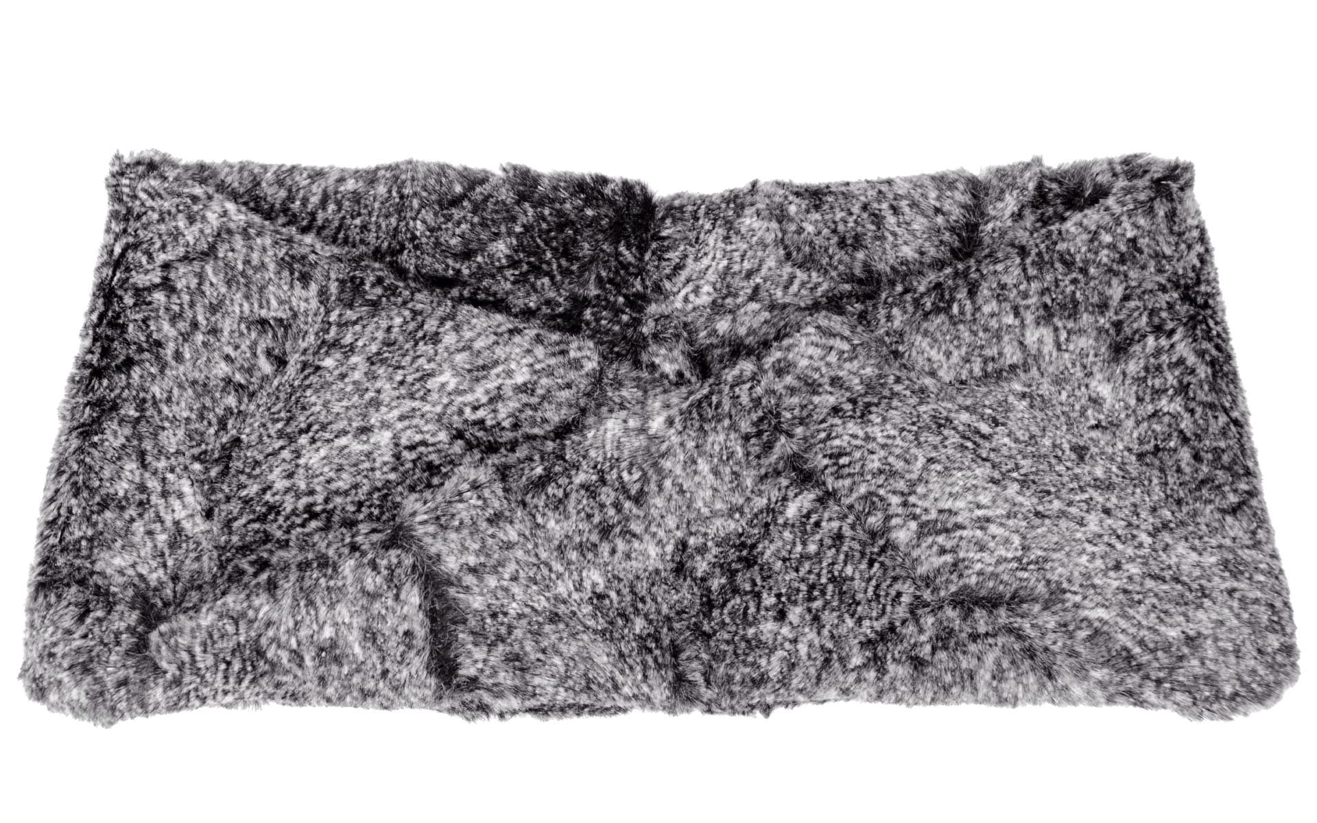 Product shot of Headband, Ear and Neck Warmer | Nimbus, Black and Gray Faux Fur | Handmade by Pandemonium Millinery Seattle, WA USA