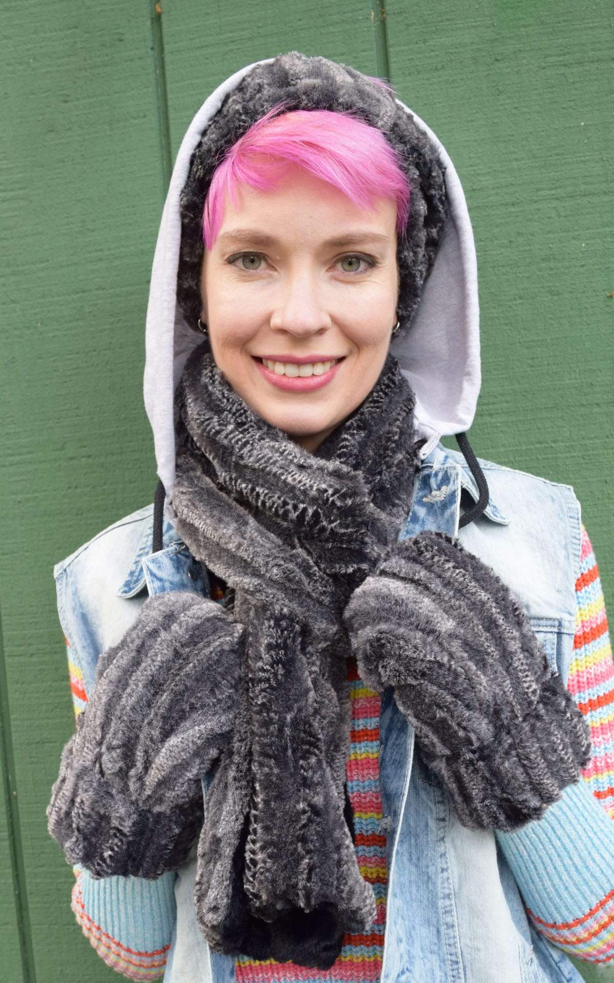 Model wearing of Headband, scarf and matching mittens | Rattle ‘n’ Shake, Black and Gray Faux Fur | Handmade by Pandemonium Millinery Seattle, WA USA
