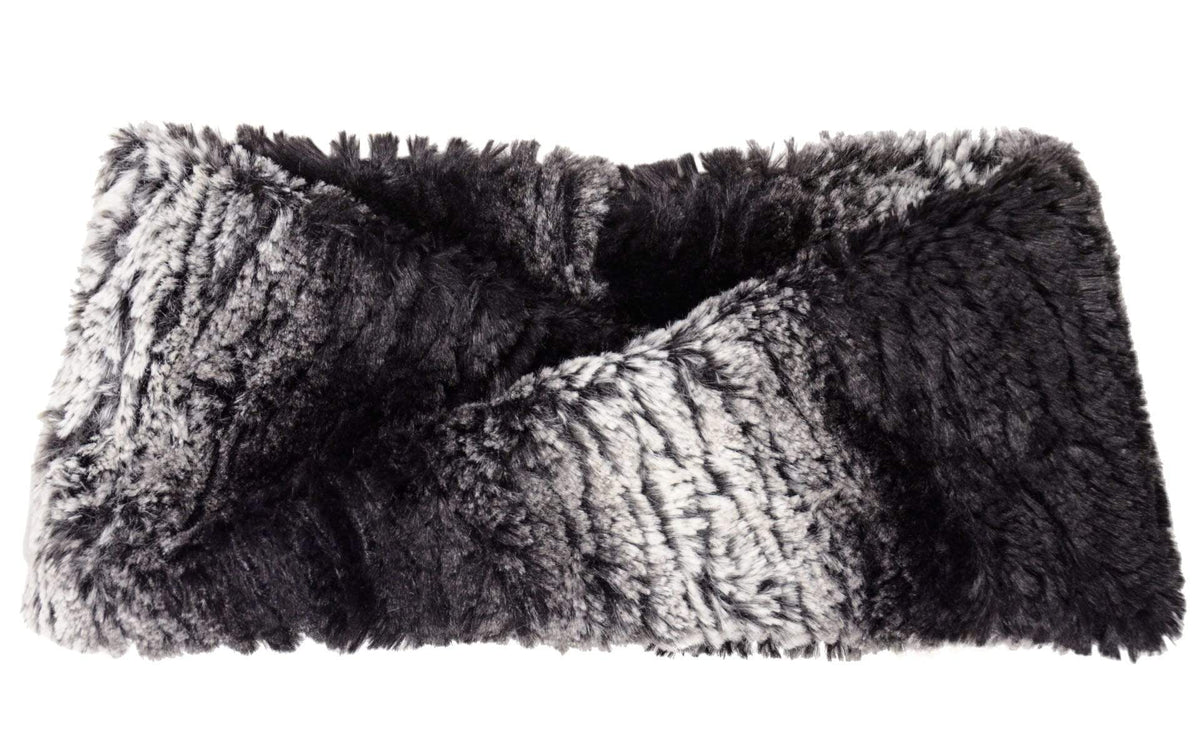 Product shot of Headband, Ear and Neck Warmer with feather trim | Smoldering Sequoia black and Ivory  Faux Fur | Handmade by Pandemonium Millinery Seattle, WA USA