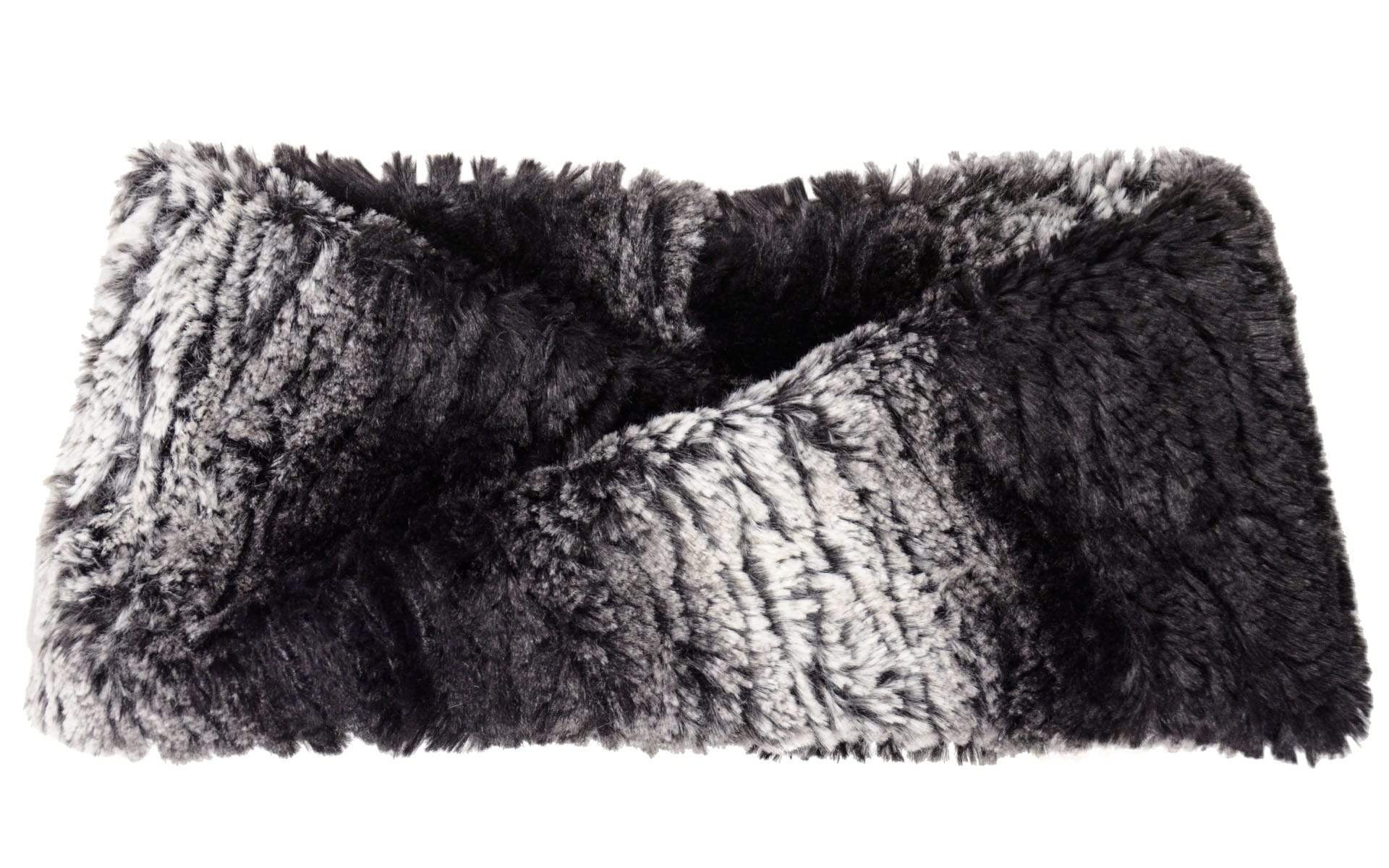 Product shot of Headband, Ear and Neck Warmer with feather trim | Smoldering Sequoia black and Ivory  Faux Fur | Handmade by Pandemonium Millinery Seattle, WA USA