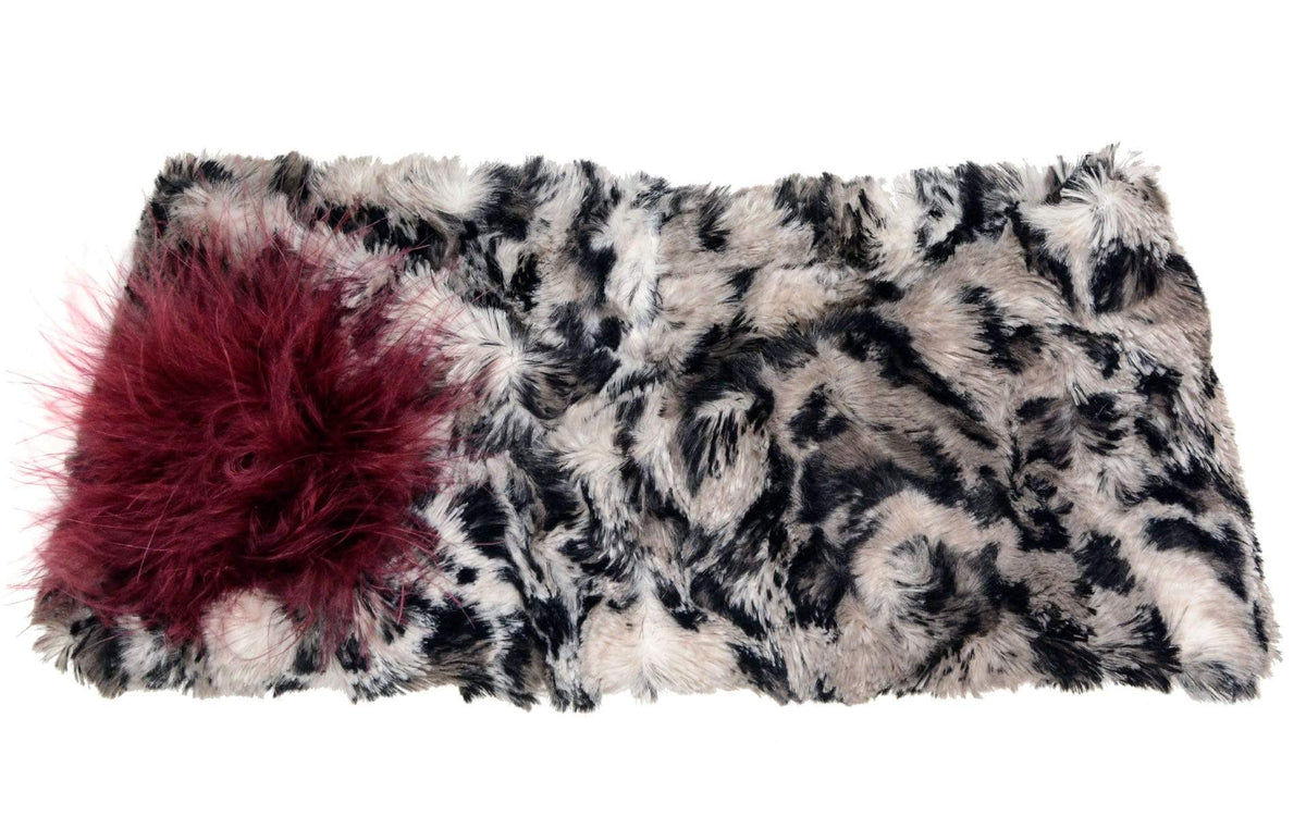 Product shot of Headband, Ear and Neck Warmer with feather brooch | Savanna Cat, Black and Gray Faux Fur | Handmade by Pandemonium Millinery Seattle, WA USA