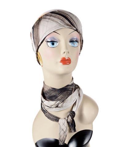 Mannequin Product shot of Headband and headwrap | Pretty Plaid in pink fabric, pinks chocolates and tans| | Handmade by Pandemonium Millinery Seattle, WA USA