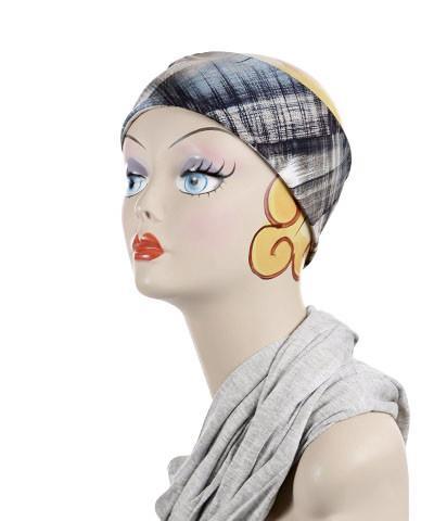 Mannequin Product shot of Headband | Pretty Plaid in Blue fabric| | Handmade by Pandemonium Millinery Seattle, WA USA