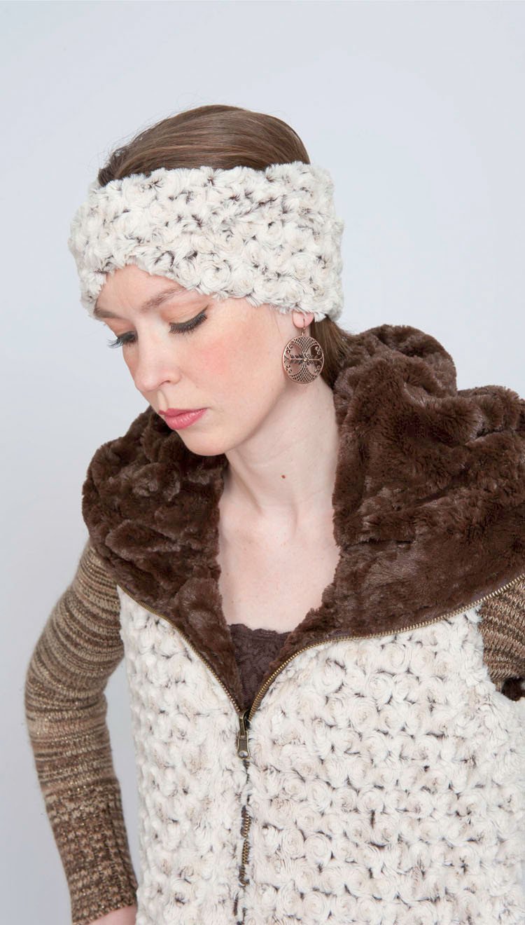  Model wearing matching Headband and Hoody Vest | Rosebud in Brown Faux Fur | Handmade By Pandemonium | Seattle WA USA
