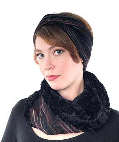 Model Pandemonium Headband Sweet Stripes in Cherry Cordial with matching Neck Cowl made in Seattle