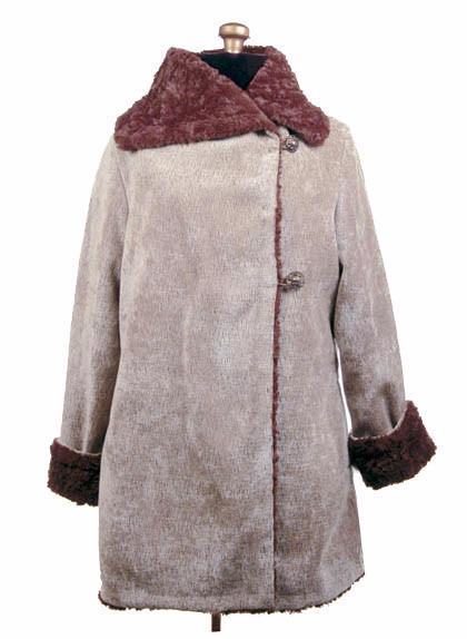 Hepburn Swing Coat | Bongo Beige and Brown Upholstery fabric with Cuddly Chocolate Faux Fur | Handmade in Seattle WA | By Pandemonium Millinery