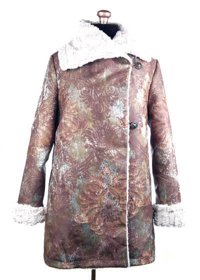 Hepburn Swing Coat  | Renaissance in Everglade Upholstery with Porcelain Faux Fur  | Handmade in Seattle WA | By Pandemonium Millinery