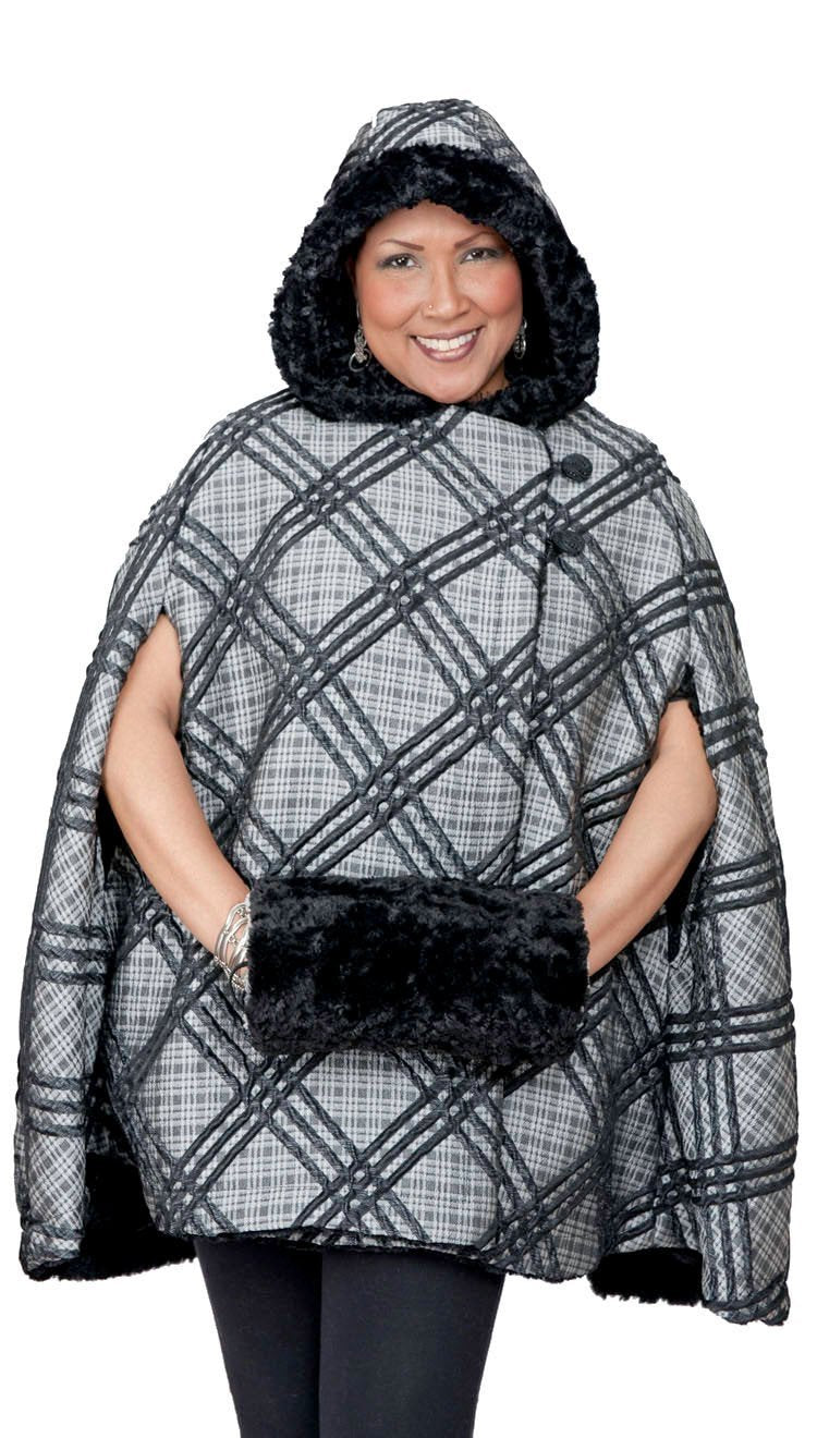 Hooded Cape, Reversible - Silver Plaid Upholstery with Cuddly Faux Fur in Black (One Left!)