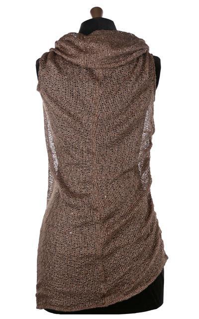 Back View of Product Shot of the Hooded Cowl Top a This top can be worn as a cowl neck, off-shoulder, or hooded style. | Glitzy Glam in Toffee a taupe open weave knit with delicate sequins throughout | Handmade in Seattle WA | Pandemonium Millinery
