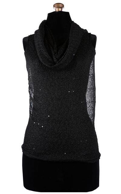 Model wearing the Hooded Cowl Top a This top can be worn as a cowl neck, off-shoulder, or hooded style. | Glitzy Glam in Black, an open weave knit with delicate sequins throughout | Handmade in Seattle WA | Pandemonium Millinery