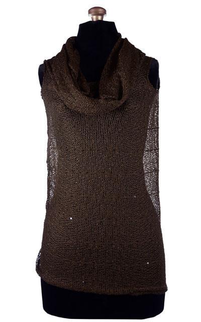 Product Shot of the Hooded Cowl Top a This top can be worn as a cowl neck, off-shoulder, or hooded style. | Glitzy Glam in Coffee and of Chocolate Brown open weave knit with delicate sequins throughout | Handmade in Seattle WA | Pandemonium Millinery