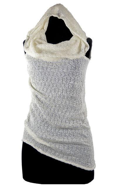 Product Shot of the Hooded Cowl Top a This top can be worn as a cowl neck, off-shoulder, or hooded style. | Glitzy Glam in Latte and of white cream open weave knit with delicate sequins throughout | Handmade in Seattle WA | Pandemonium Millinery