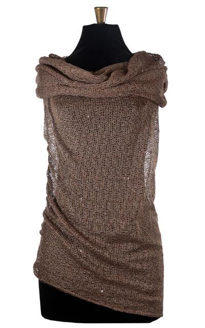 Product Shot of the Hooded Cowl Top a This top can be worn as a cowl neck, off-shoulder, or hooded style. | Glitzy Glam in Toffee a taupe open weave knit with delicate sequins throughout | Handmade in Seattle WA | Pandemonium Millinery