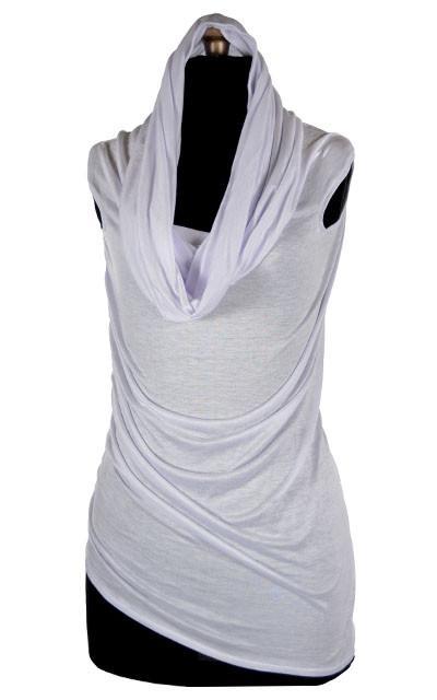 Product shot of Hooded Cowl Top a This top can be worn as a cowl neck, off-shoulder, or hooded style. | Milky Way a lightweight White jersey knit | Handmade in Seattle WA | Pandemonium Millinery