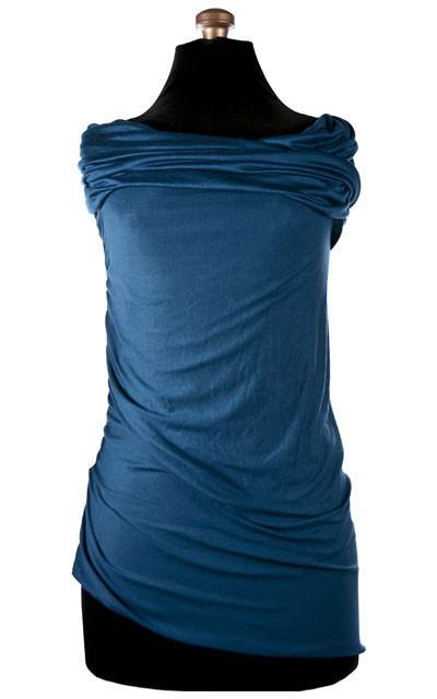 Product shot of Hooded Cowl Top a This top can be worn as a cowl neck, off-shoulder, or hooded style. | Blue Moon a lightweight jersey knit | Handmade in Seattle WA | Pandemonium Millinery