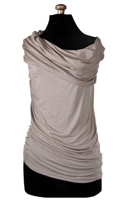 Product shot of Hooded Cowl Top a This top can be worn as a cowl neck, off-shoulder, or hooded style. | Stardust a lightweight Tan jersey knit | Handmade in Seattle WA | Pandemonium Millinery