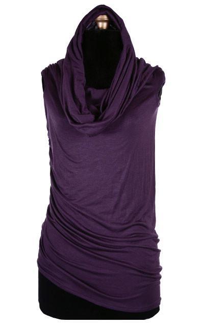 Product shot of Hooded Cowl Top a This top can be worn as a cowl neck, off-shoulder, or hooded style. | Purple haze a lightweight jersey knit | Handmade in Seattle WA | Pandemonium Millinery