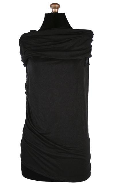 Product Shot of the Hooded Cowl Top a This top can be worn as a cowl neck, off-shoulder, or hooded style. | Abyss a alight weight jersey knit in black | Handmade in Seattle WA | Pandemonium Millinery